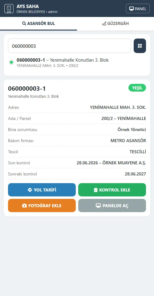 AYS saha ekranı: telefonda asansör kartı, yol tarifi ve kontrol ekleme